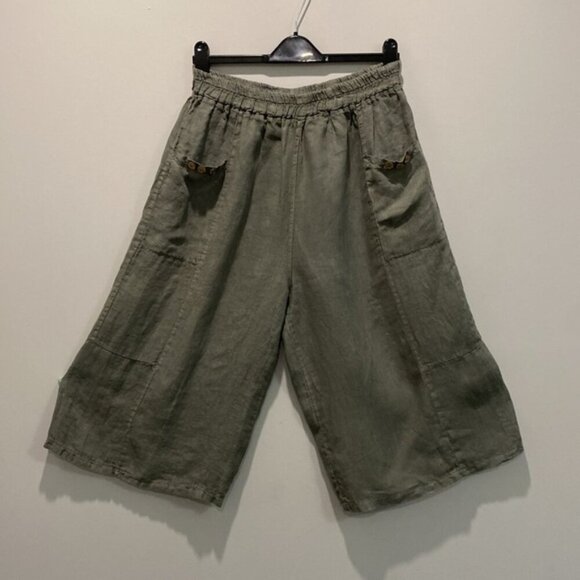 Angela Mara Green Linen Culotte Capris Pants Size Medium - Picture 6 of 14